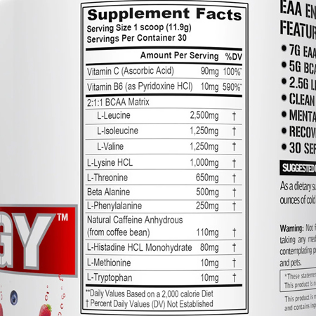 EVL EAA Energy Supplement Facts